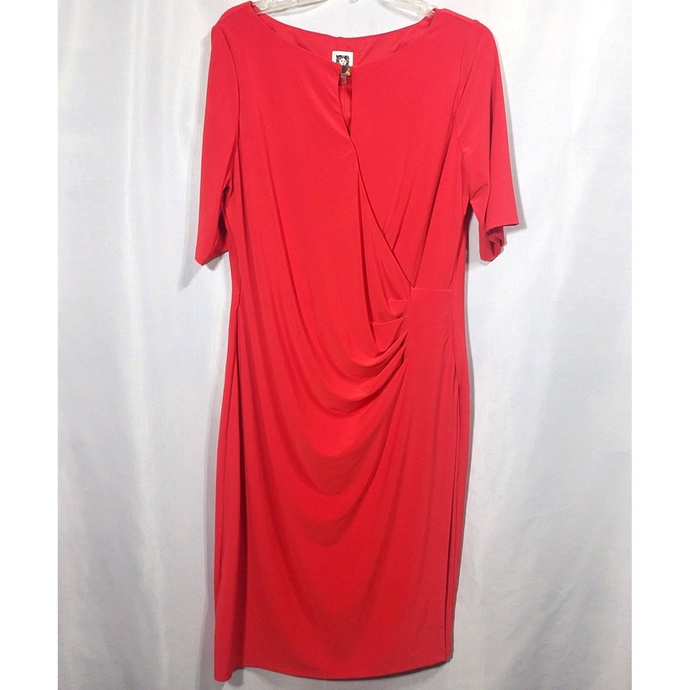 Anne Klein Womens 16 Ruched Faux Wrap Sheath Dress Midi Short Sleeve Red Keyhole